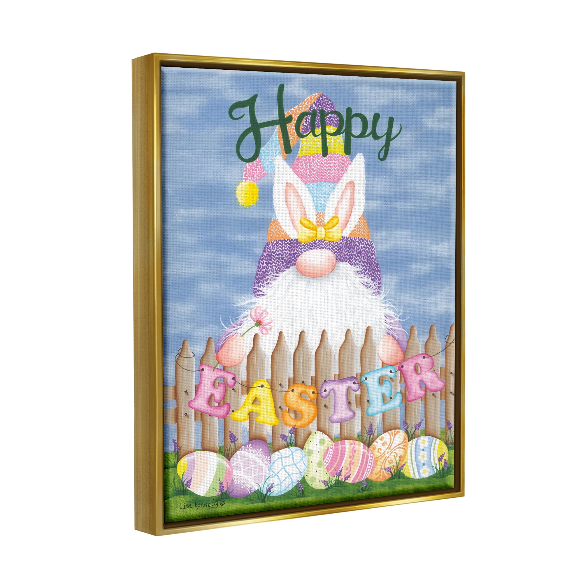 Stupell Happy Easter Garden Gnome Eggs Holiday Painting Gold Floater Framed Art Print Wall Art