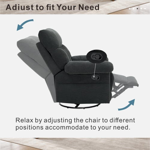 Modern Swivel Rocker Recliner Chair, Manual Overstuffed Glider Armchair with Textured Fabric, 360° Swivel & Rocking for Living Room and Nursery, Dark Gray
