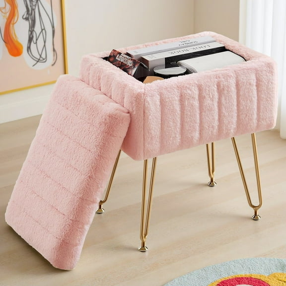 Vanity Stool Chair with Storage Space,Faux Fur Ottoman Small Makeup Stool for Dressing Room Bedroom,Pink