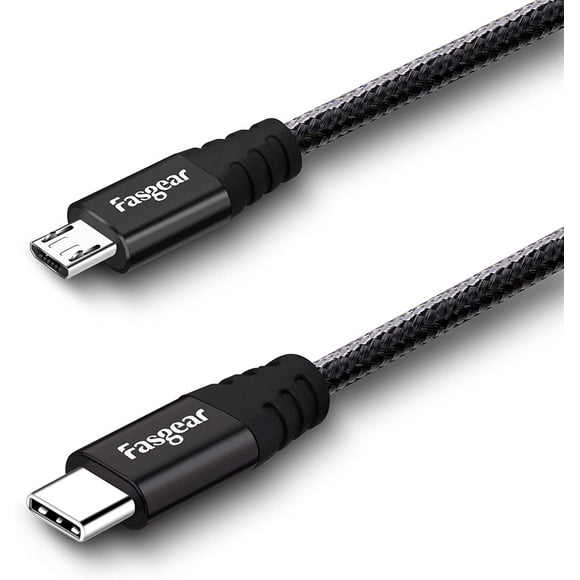 Fasgear USB C to Micro USB Cable 30cm Nylon Braided Type C to Micro USB Cord Compatible with Galaxy S7/S6, HTC One/10 and More (Black, 1ft)