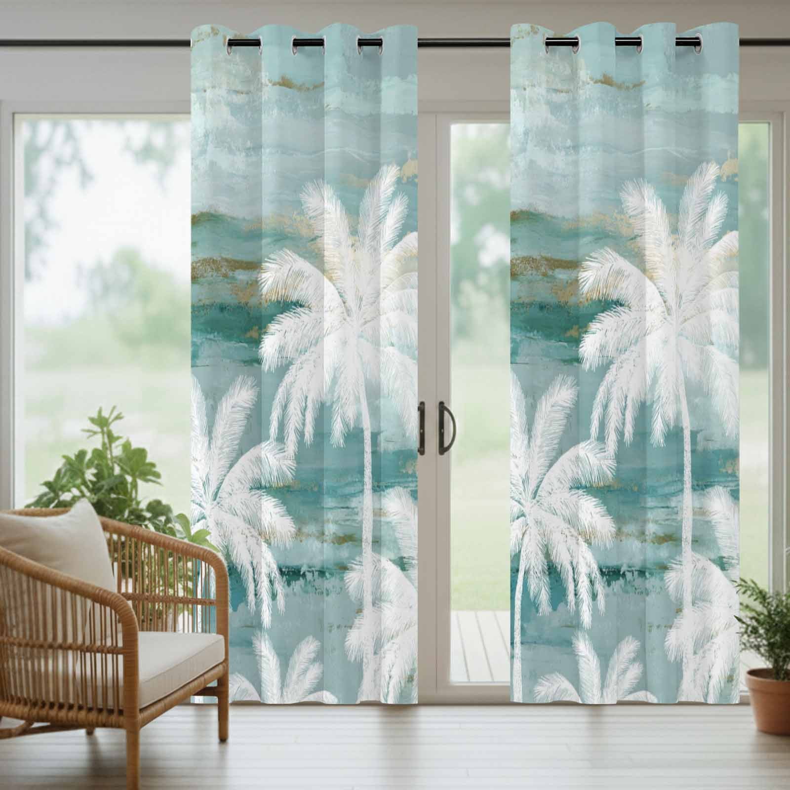 Summer Palm Trees Outdoor Curtains for Patio, Tropical Coastal Rustic Turquoise Abstract Sunshade Privacy Drapes Grommet Waterproof Outside Curtains for Porch/Cabana/Balcony 54"x 108", 1 Panel