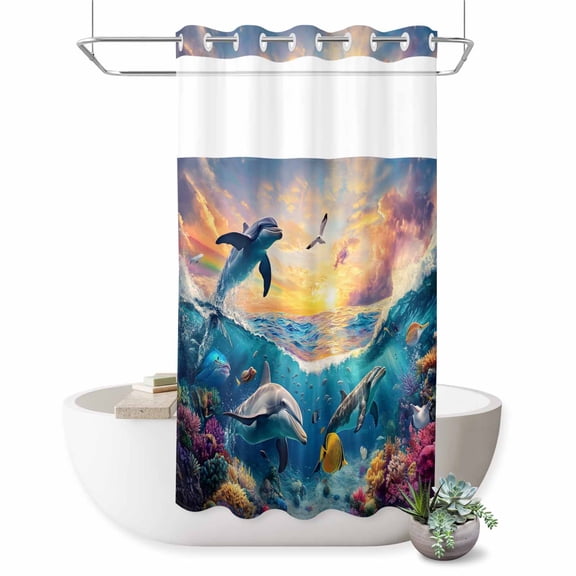 No Hook Shower Curtain, Blue Coastal Shower Curtains for Bathroom with See Through Top Window, Dolphin Summer Beach Nautical Ocean Waterproof & Washable Bath Curtain Stand Up Stall 36"x72"