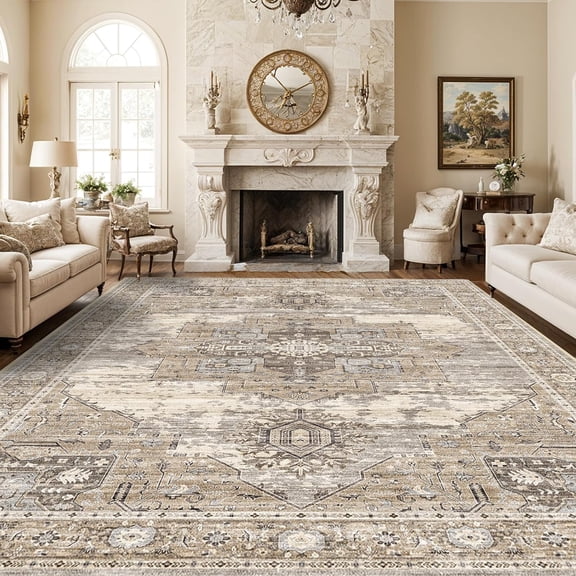 Living Room 10x14 Area Rugs - Washable Lightweight Area Rug Stain Resistant Carpet Vintage Soft Rugs for Bedroom with Non Slip Backing Indoor Ultra-Thin Rugs Home Decor 10x14 Beige