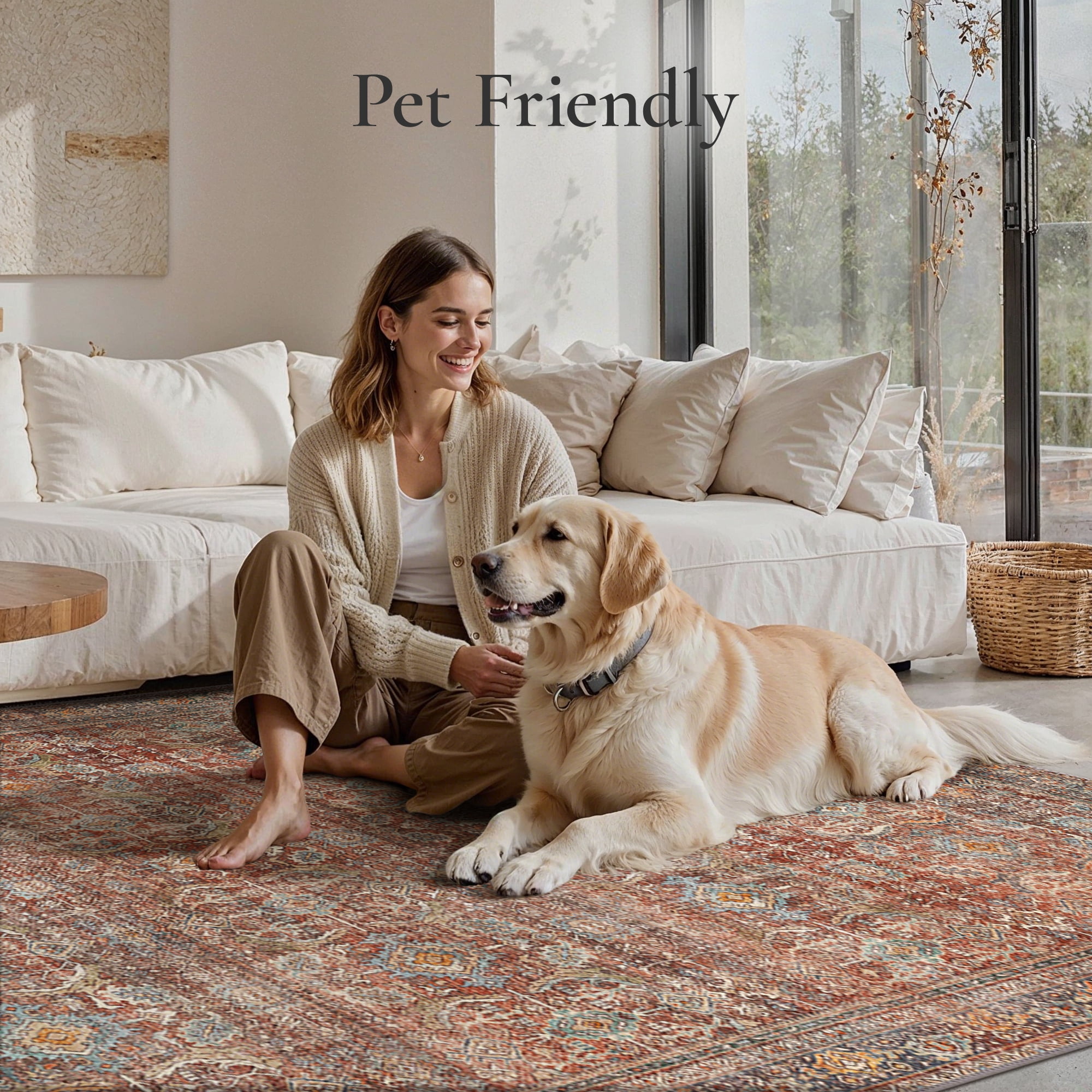 KUETH 8'x10' Area Rugs for Living Room, Non Slip Machine Washable Vintage Indoor Rug, Low Pile Chenille Print Rug for Bedroom Dining Room Home Office