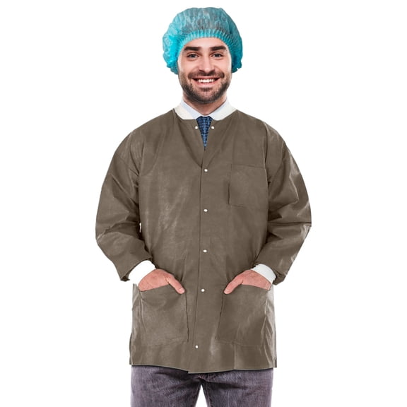 Disposable Lab Jackets SMS 50 GSM Coffee Color Large 31 in Long, 100 count pack with Snap Front