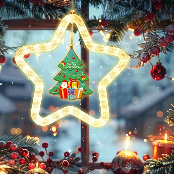 Luz LED de ventana Pentagram Running Horse - Decoración navideña colgante a pilas de 10,9 pulgadas con Papá Noel y muñeco de nieve grabados