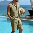 thumbnail image 5 of BLTIBY Mens Linen Set 2 Piece Summer Beach Outfits Sleeveless Button Down Hoodies and Drawstring Shorts Matching Vacation Sets with Pockets Army Green XL, 5 of 8