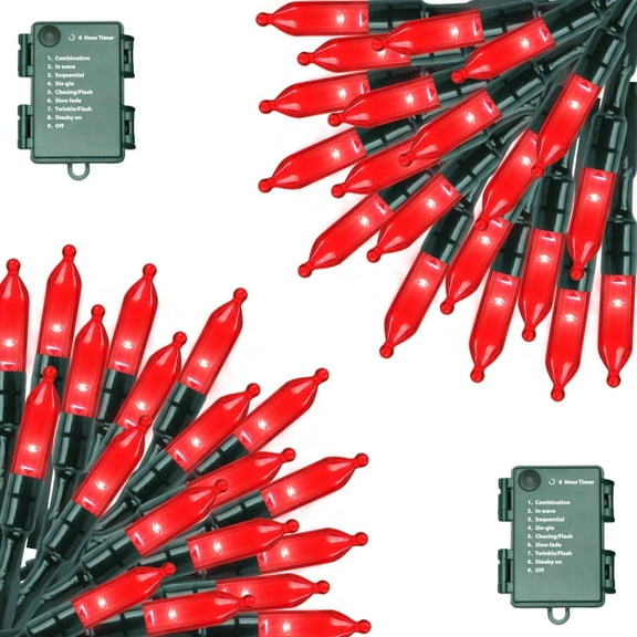 2 Pack 50 LED Outdoor Christmas Lights, 16 FT Mini String Light with 9 Modes & 6 Hour Timer, Waterproof Battery Operated for Indoor Outdoor Patio Garden Party Tree Valentine's Day Decoration, red