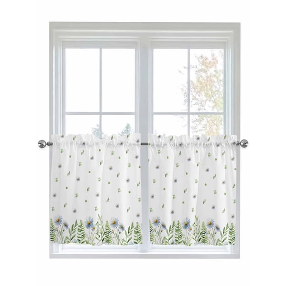 Spring Botanical 2 Panel Kitchen Curtains for Small Windows, Farmhouse Pastoral Daisy Leaves Bathroom Tier Curtain, Short Window Treatment for Bedroom/Living Room 55"x36"