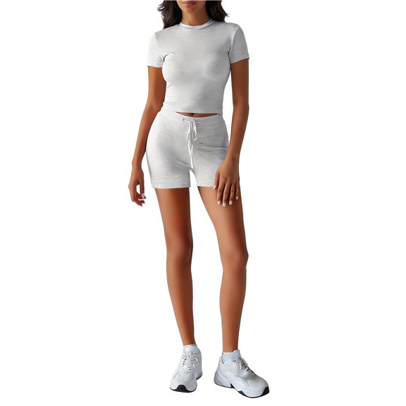 IWRICH Women's Athletic Sets Short Sleeve Crew Neck T Shirts Drawstring Shorts 2 Piece Slim Fit Workout Yoga Outfits Light Gray XL