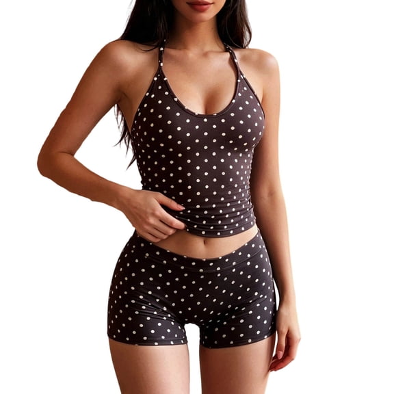 VOUZZA Polka Dot Two Piece Outfit Women Summer Halter Backless Crop Top and Low Rise Shorts Set Y2K Sexy