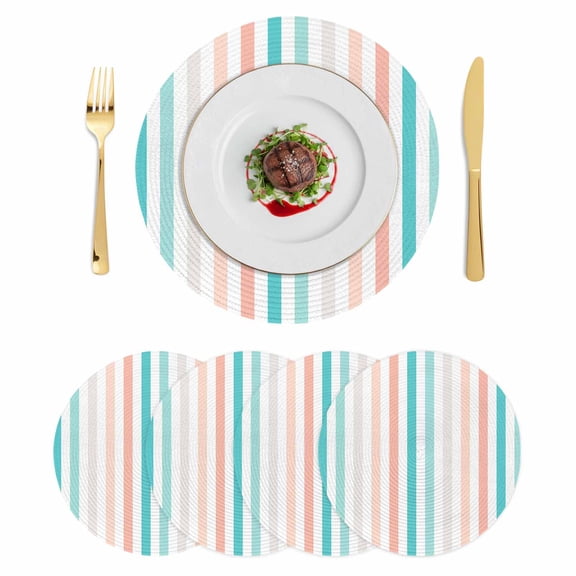 Aqua Teal Stripe Round 13 Inch Placemats Set of 4, Geometric Grey White Vertical Striped HeatResistant Non Slip Place Mats for Dining Table, Wipeable Braided Kitchen Table Mats for Housewarming
