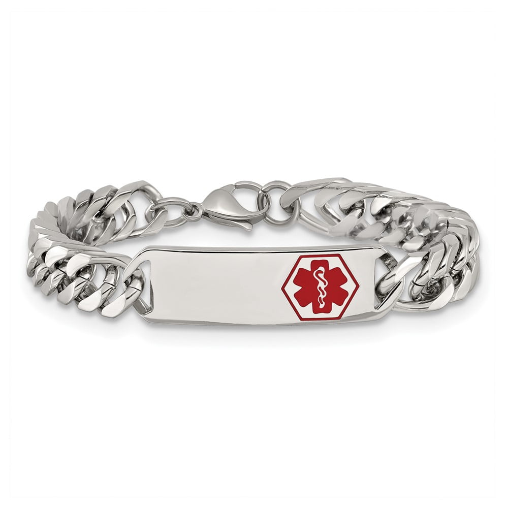Stainless Steel Bracelet Medical Curb Men's 10.08 mm 8.5 in Chisel Polished with Red Enamel ID