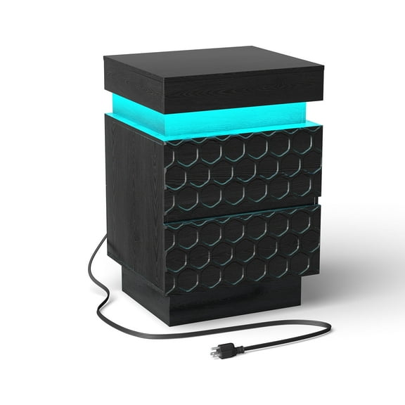 H&3L Fluted Modern LED Nightstand with Charging Station, 3 Drawer Bedside Table for Bedroom, Black