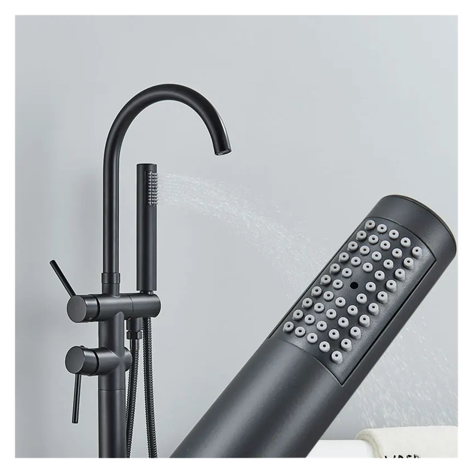 Matte Black Brass Bathroom Tub Faucet, Floor Mounted Free Standing Bathtub Shower Mixer Taps, Hot Cold Water Crane Swivel Spout ,Easy to Install