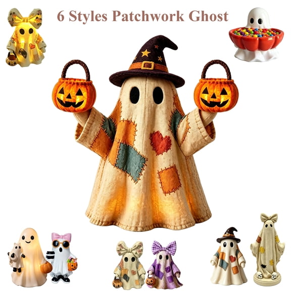 PoyoKee Halloween Patchwork Ghost, Vintage Ghost with Pumpkin Basket Halloween Decorations, Cute Stuff Figurines Fall Decor for Mantel Shelf Entryway