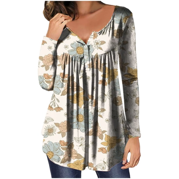 Puntoco - Camiseta informal con cuello en V para mujer, estampado retro, manga larga, jersey recreativo, camisetas de manga larga Puntoco Puntoco-5152