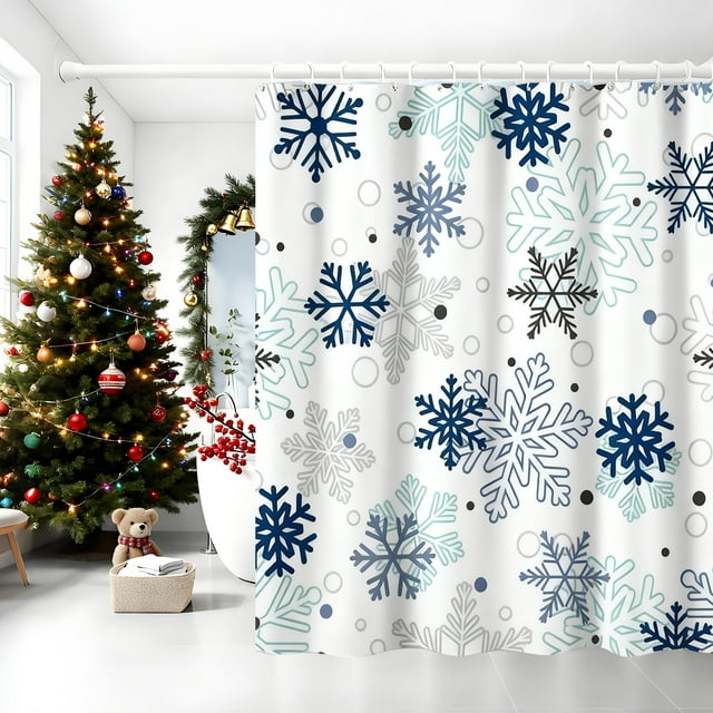 Colourful Christmas Snowflake Patterned Shower Curtain, Waterproof Polyester Fabric with 12 Hooks, Decorative Bathroom Accessory for Home and Hotel Use, 90x180 cm