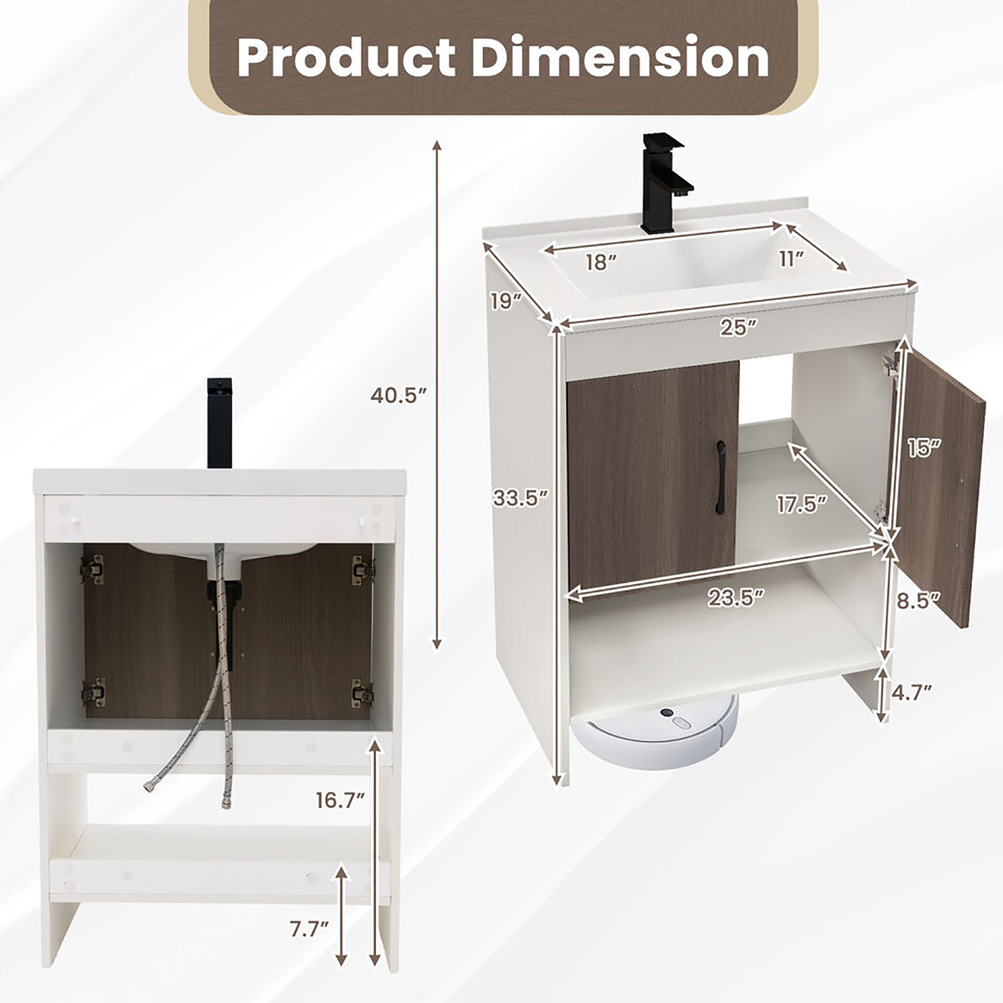 Gymax 25'' Bathroom Vanity Sink Combo w/ Doors Open Shelf Backsplash Faucet Pop Up Drain