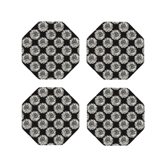 Vsdgher White Sunflowers Print Leather Coasters for Drinks, Durable Drink Coasters 4 Set for Tabletop Protection, Luxurious Home Décor and Housewarming Gift-Octagon