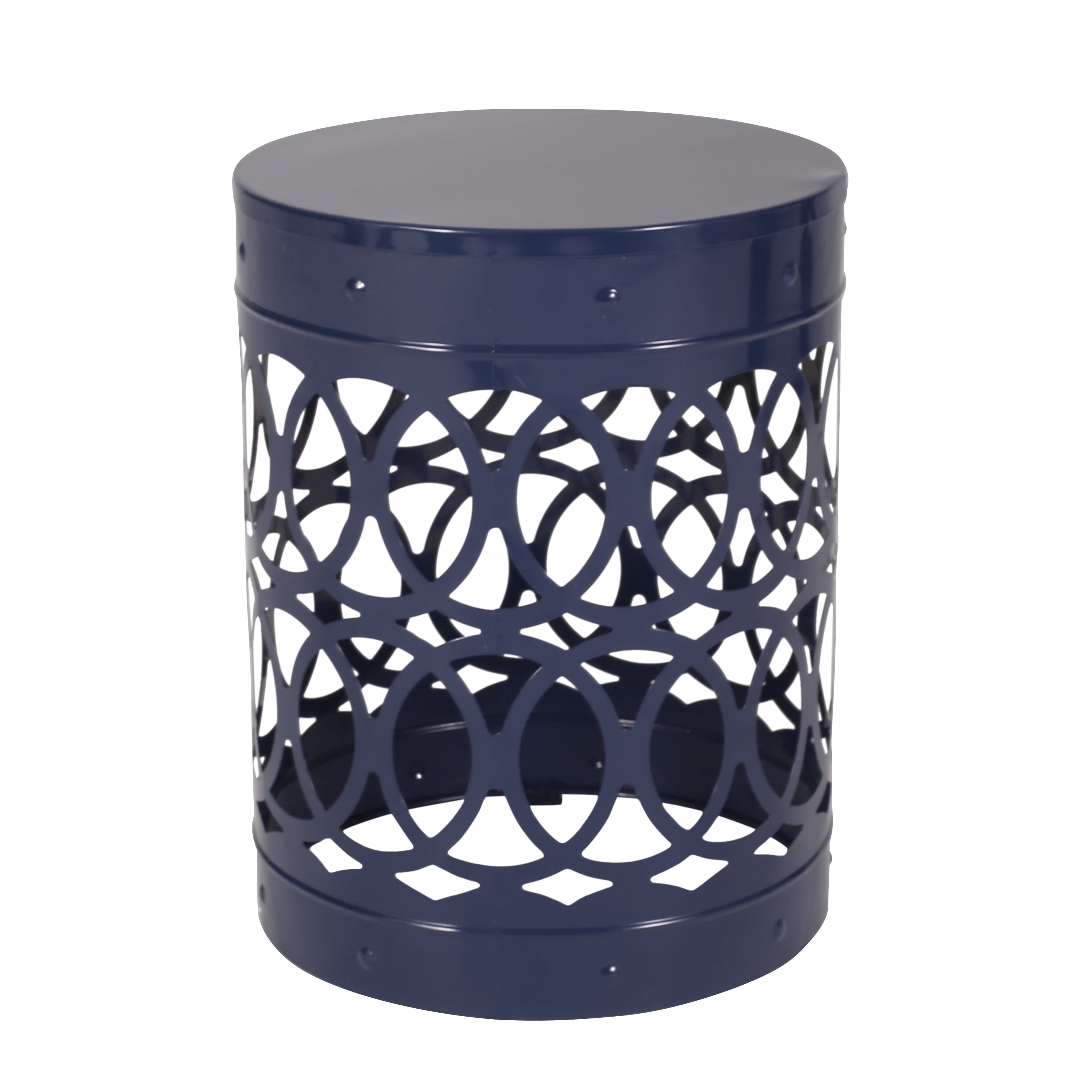 Outdoor Nesting Side Table Set of 2, Cylindrical Hollow Out Iron Structure for Patio Garden, Navy Blue