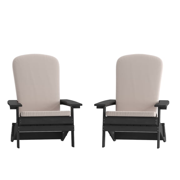 Flash Furniture Charlestown Set of 2 All-Weather Poly Resin Indoor/Outdoor Folding Adirondack Chairs in Black with Cream Cushions for Deck, Porch, and Patio