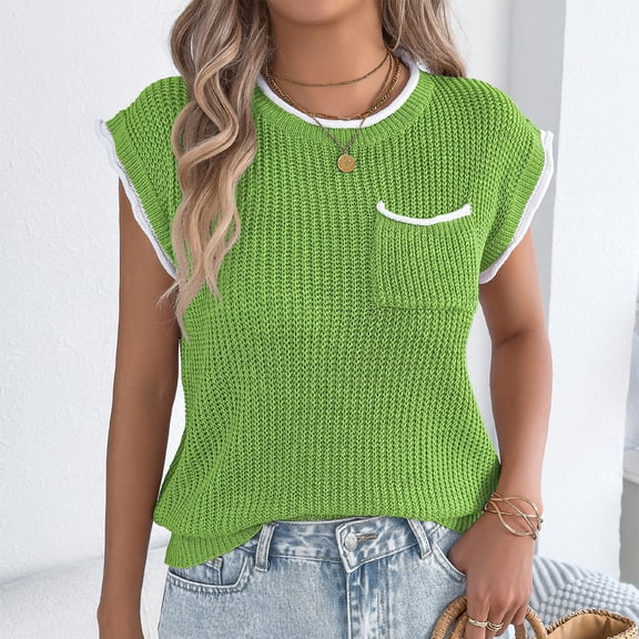 Hxlamzoo Women's Cable Knit Sleeveless Blouse Round Neck Loose Fit Casual Summer Knitted Tops