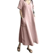 Womens Summer Loose Baggy Dress Solid Color Short Sleeve Plain Shirt Tunic Dress Boho V Neck Oversize Long Dress S-5XL