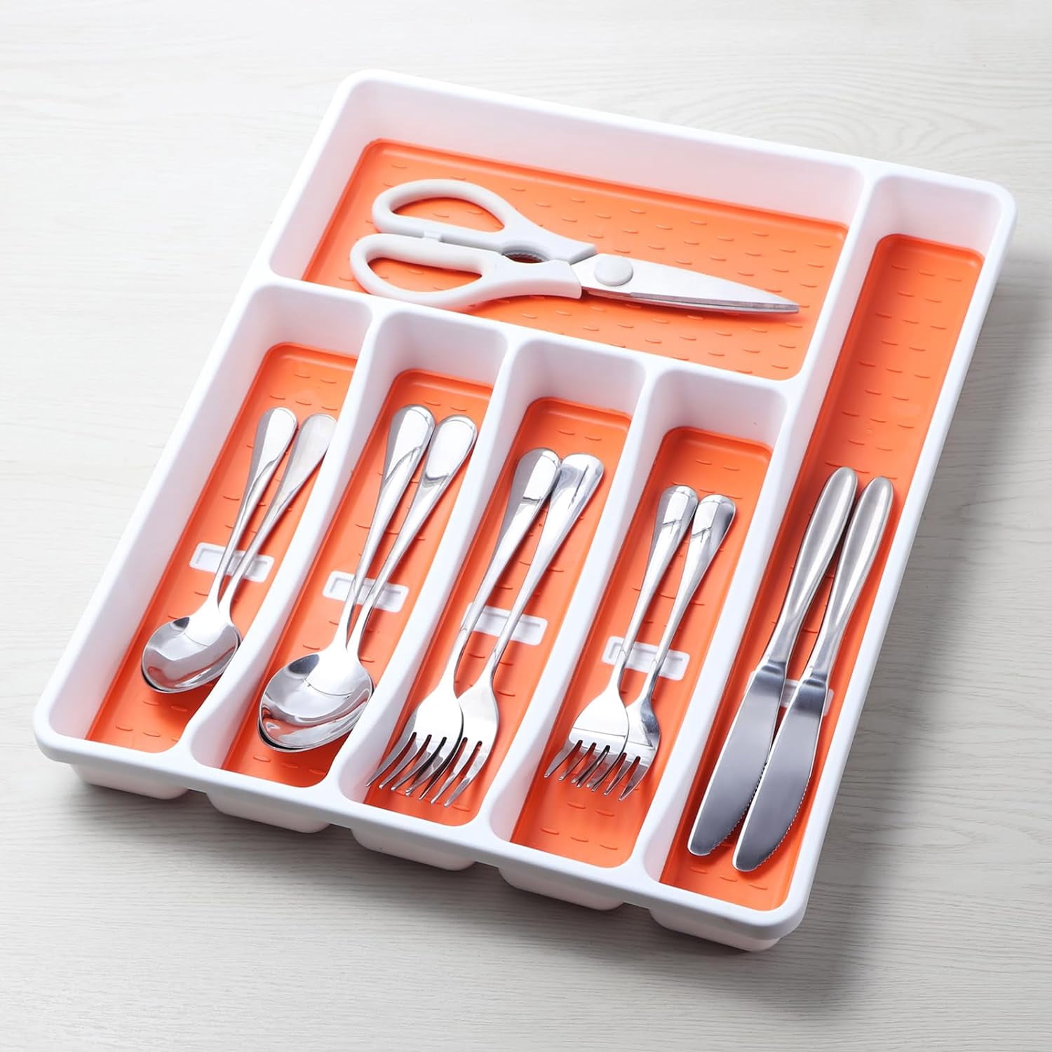 Silverware Organizer with Cutlery Icons，Silverware Tray for Kitchen Drawer，Plastic Flatware Tableware Silverware Drawer Organizer Utensil Organizer with Non-slip TPR Linings，6-Compartment