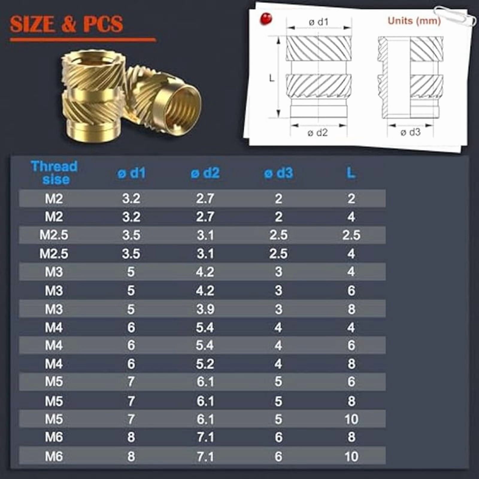 800Pcs Threaded Inserts,M2/M2.5/M3//M5/M6 Thread Knurled Nuts Assortment Kit,Heat Set Insert for Plastic 3D Printing