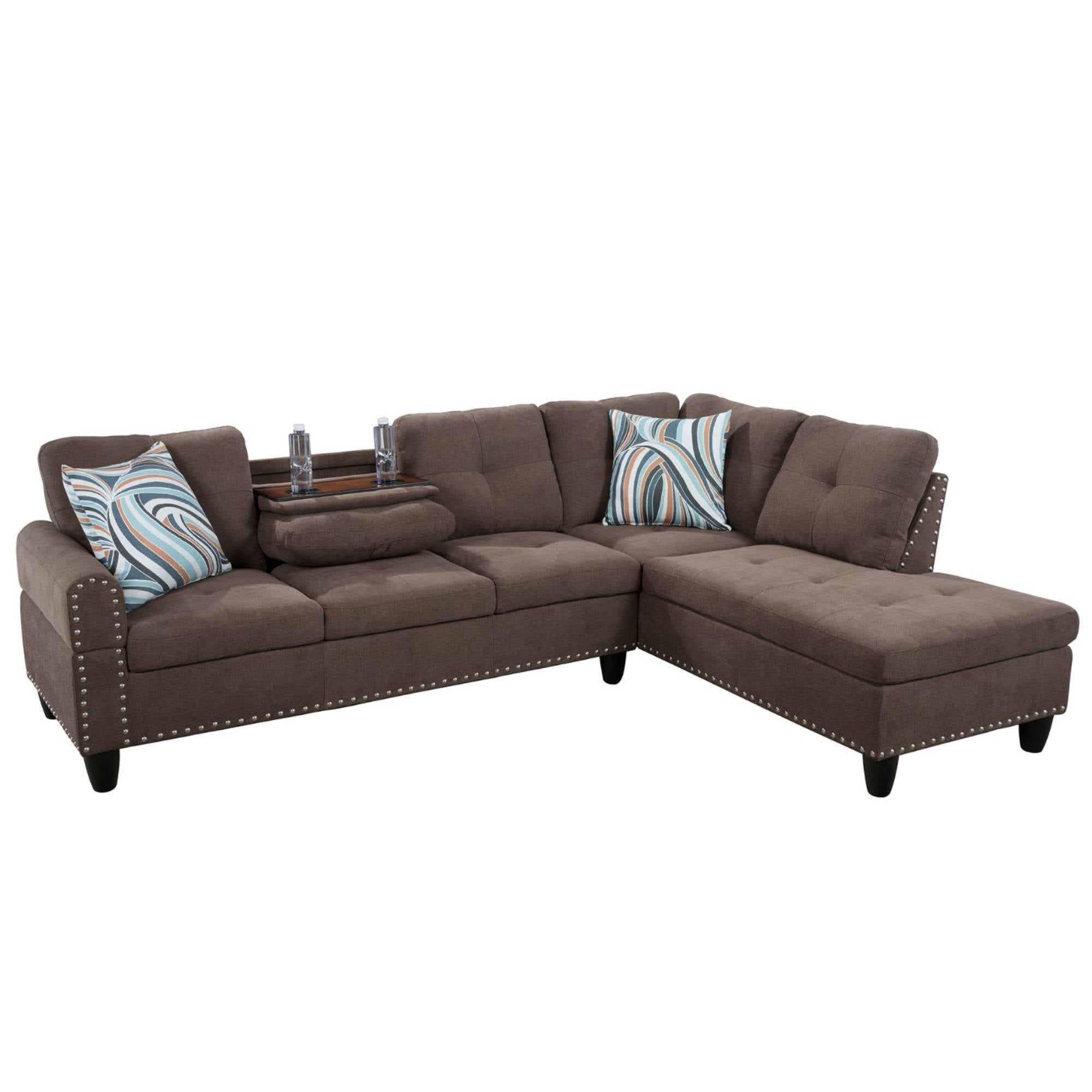 L Shaped Sectional Couches, Modular Fabric Corner Sofa with Cup Holder Lounge Sofa with Right Chaise for Living Room, Brown