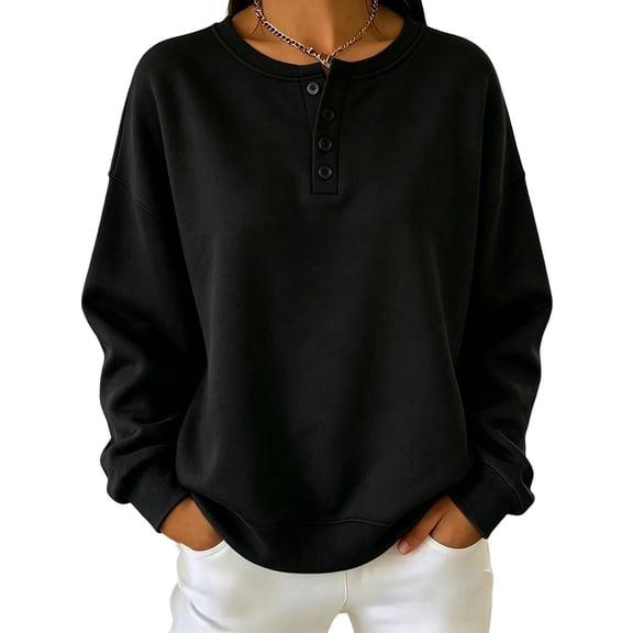 SuTry Women's Henley Sweatshirt Crew Neck Button Down Long Sleeve Pullover Drop Shoulder Relaxed Fit Casual Everyday Wear Top