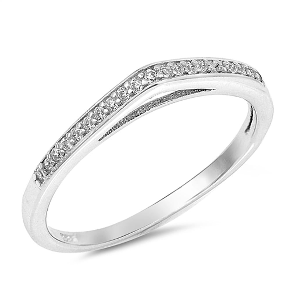 925 Sterling Silver Curved Wedding Band AAA Cubic Zirconia White Gold Finish