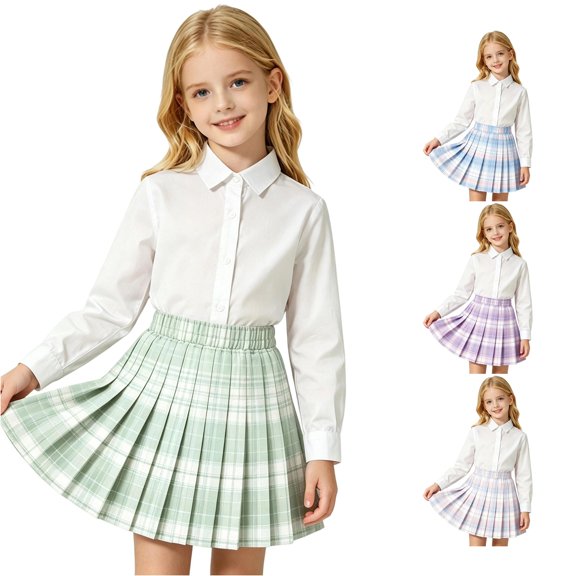 Big Girls Dress Pleated Plaid Lovely Breathable Fashion for Casual Gentle Fancy Lightweight Dress Set