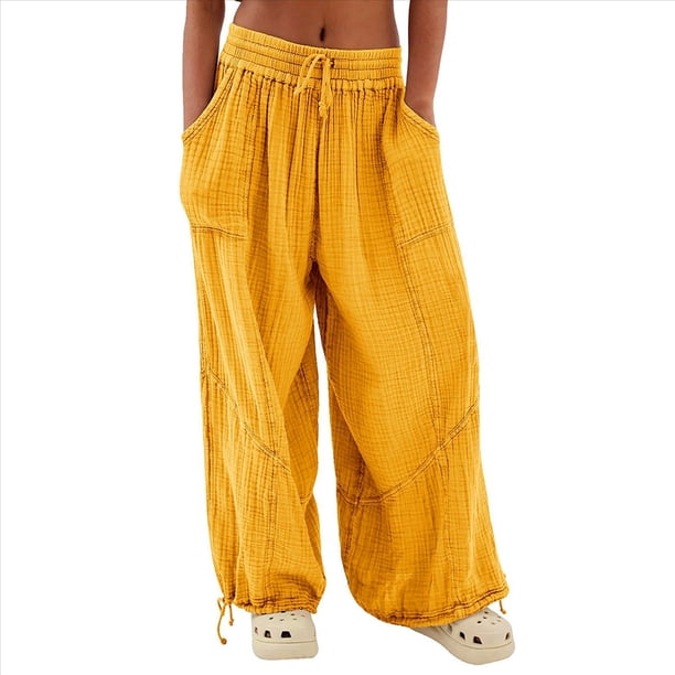 Pantalones Holgados Informales de Algodón para Mujer, de Pierna , con Costuras de Cordón y Bolsillos. Amarillo L