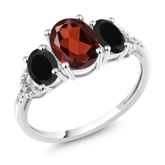 Gem Stone King 10K White Gold Red Garnet Black Onyx and Diamond Accent Three-Stone Engagement Ring | 2.03 Cttw | Oval 8X6MM and 6X4MM | Gemstone Birthstone | Available in Size 5, 6, 7, 8, 9