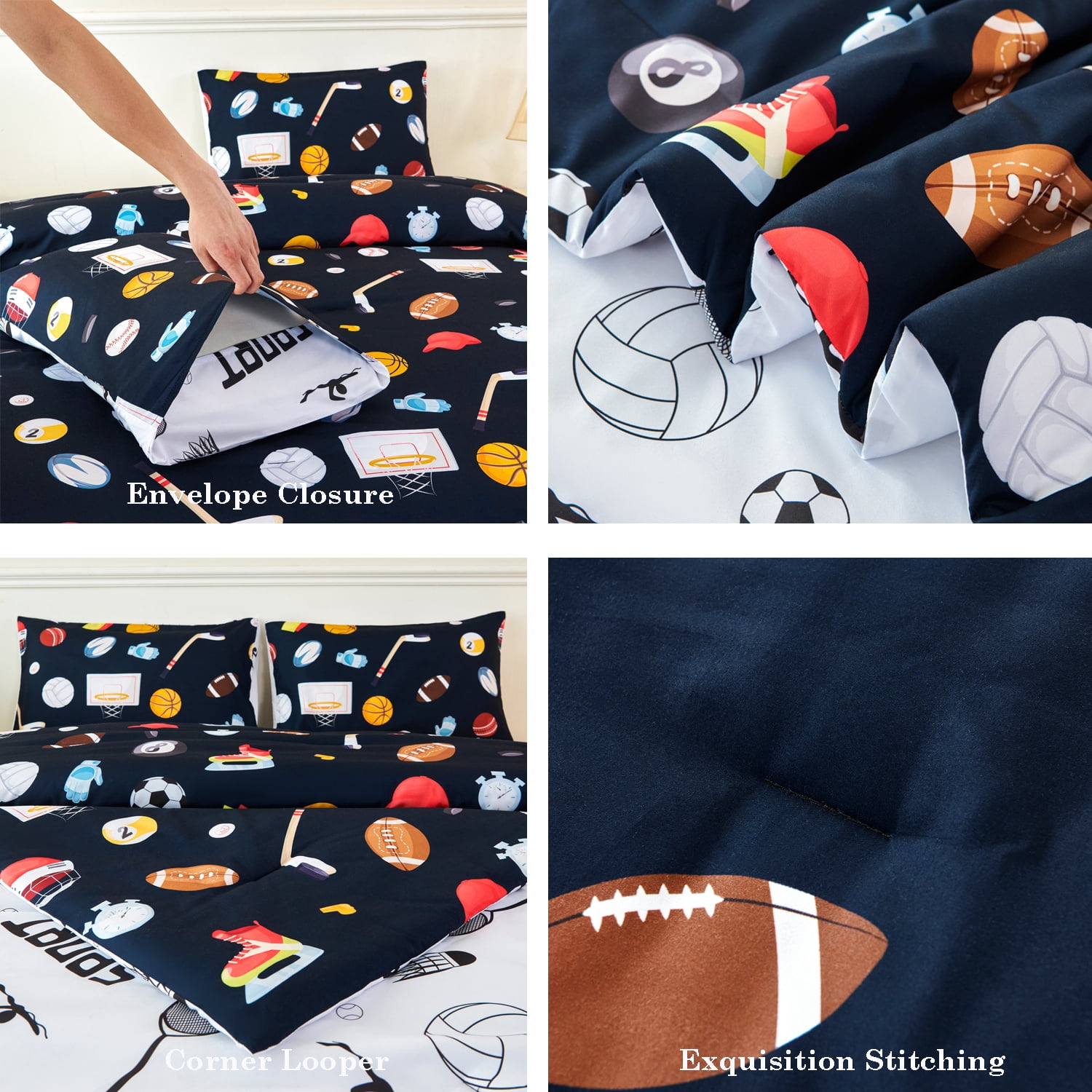 URBONUR Sports Kids Comforter Sets Twin Basketball Baseball Bedding Set for Boys 3Pcs Football Bed Sets Soft Microfiber Bedding Comforter Sets