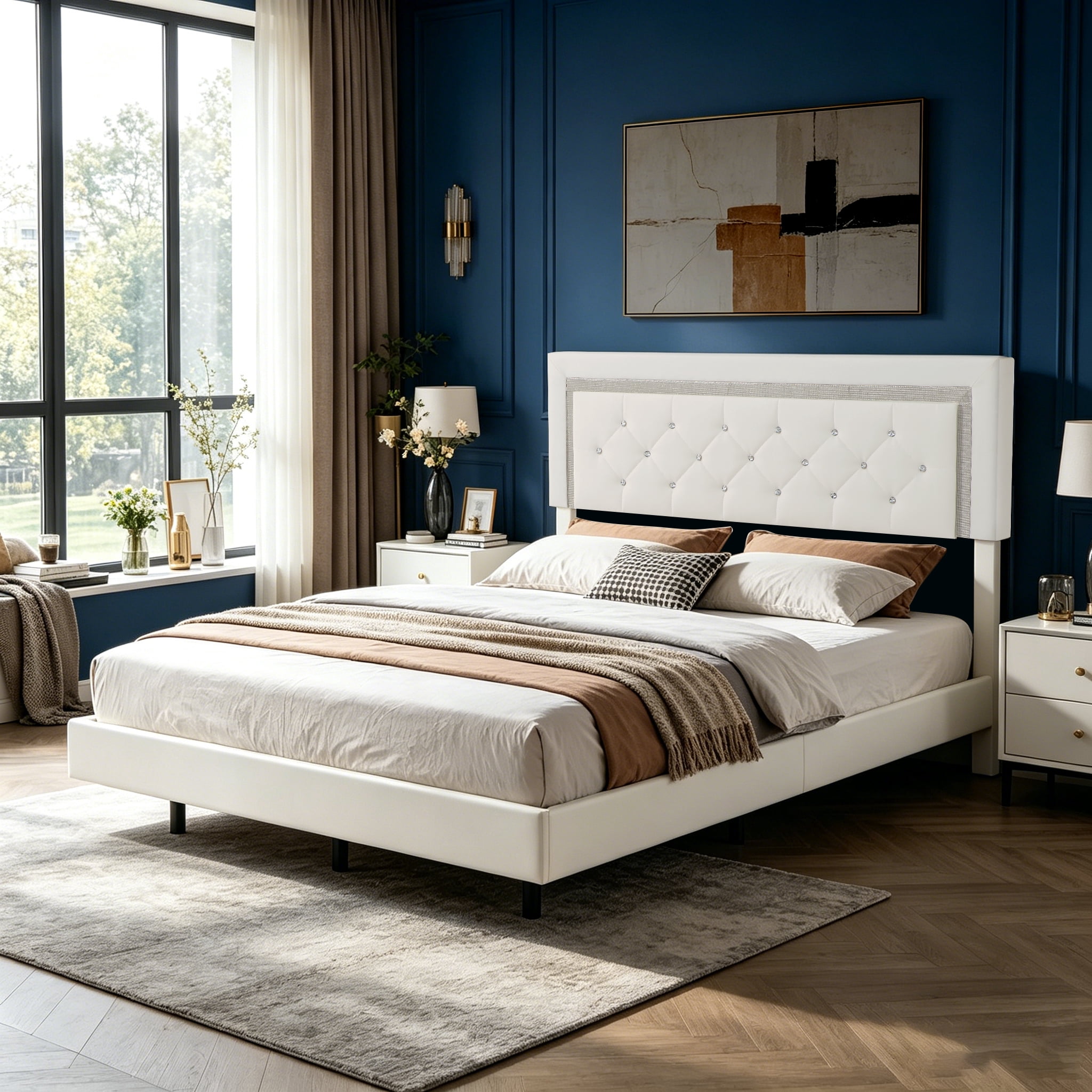 Gewnee Queen Size PU Upholstered Platform Bed Frame,Adjustable Headboard with Wireless Remote to Customize Color and Brightness,Wood Slat Support,No Box Spring Required for Bedroom,White