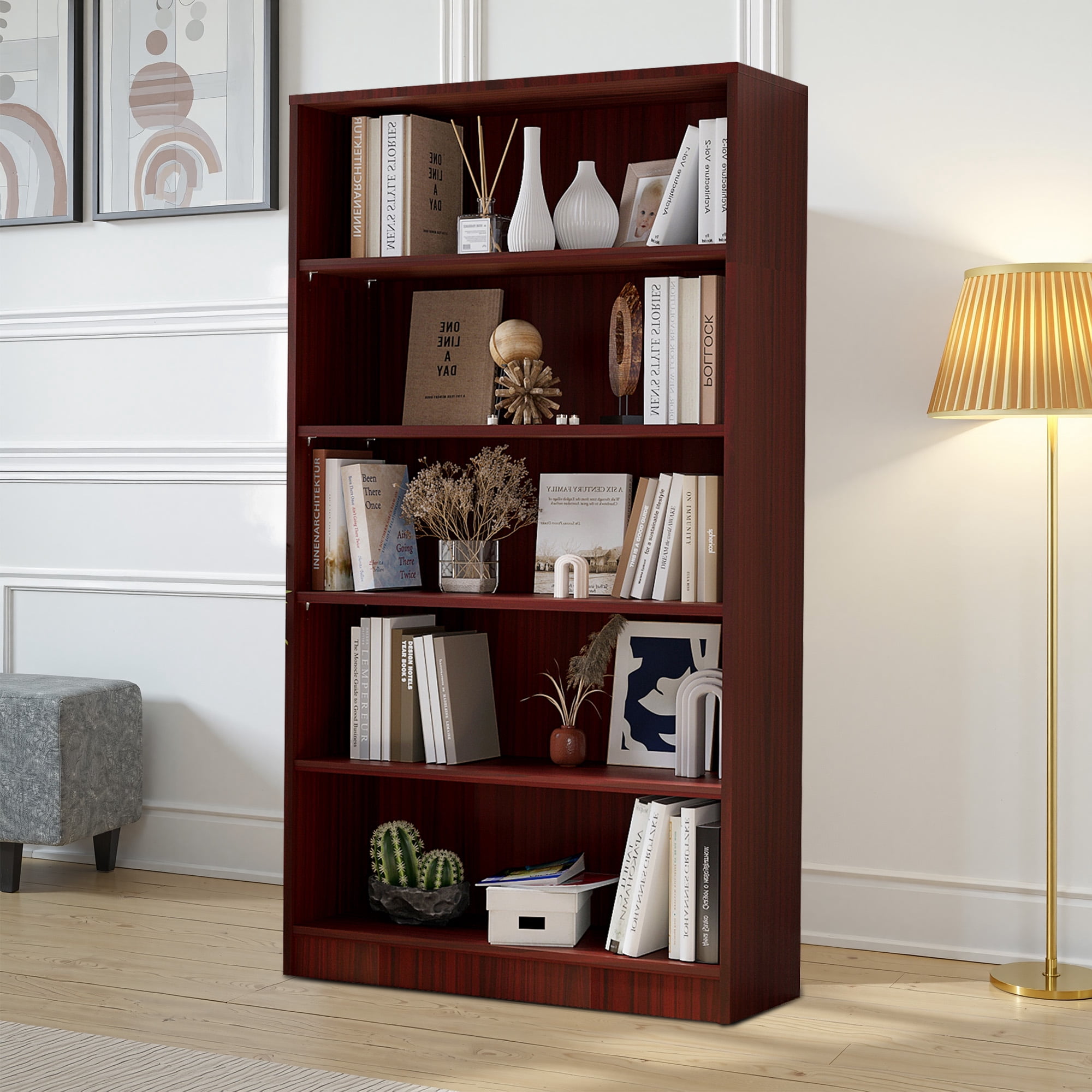 MAYEERTY 5-Shelf Black Wood Bookcase, 60" Tall, for Bedroom, Cherry