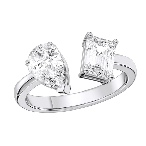 KEEVA JEWELS 2.00 Carat Pear & Emerald Shape Moissanite Stone Open Ring for Women Made in White Gold Plated Silver Size 5