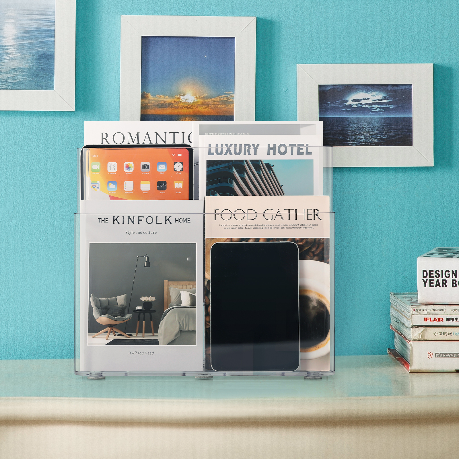 Freestanding Four Pocket Plastic Magazine Rack File Holder, Clear
