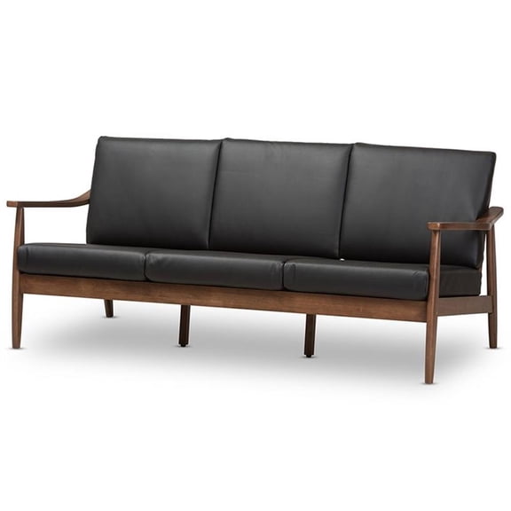 Bowery Hill Faux Leather Black Sofa Rectangular Removable Cushions 72" Unassembled