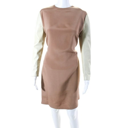 

Pre-owned|Celine Womens Leather-Sleeve Silk Pencil Dress Cream Beige Size 42