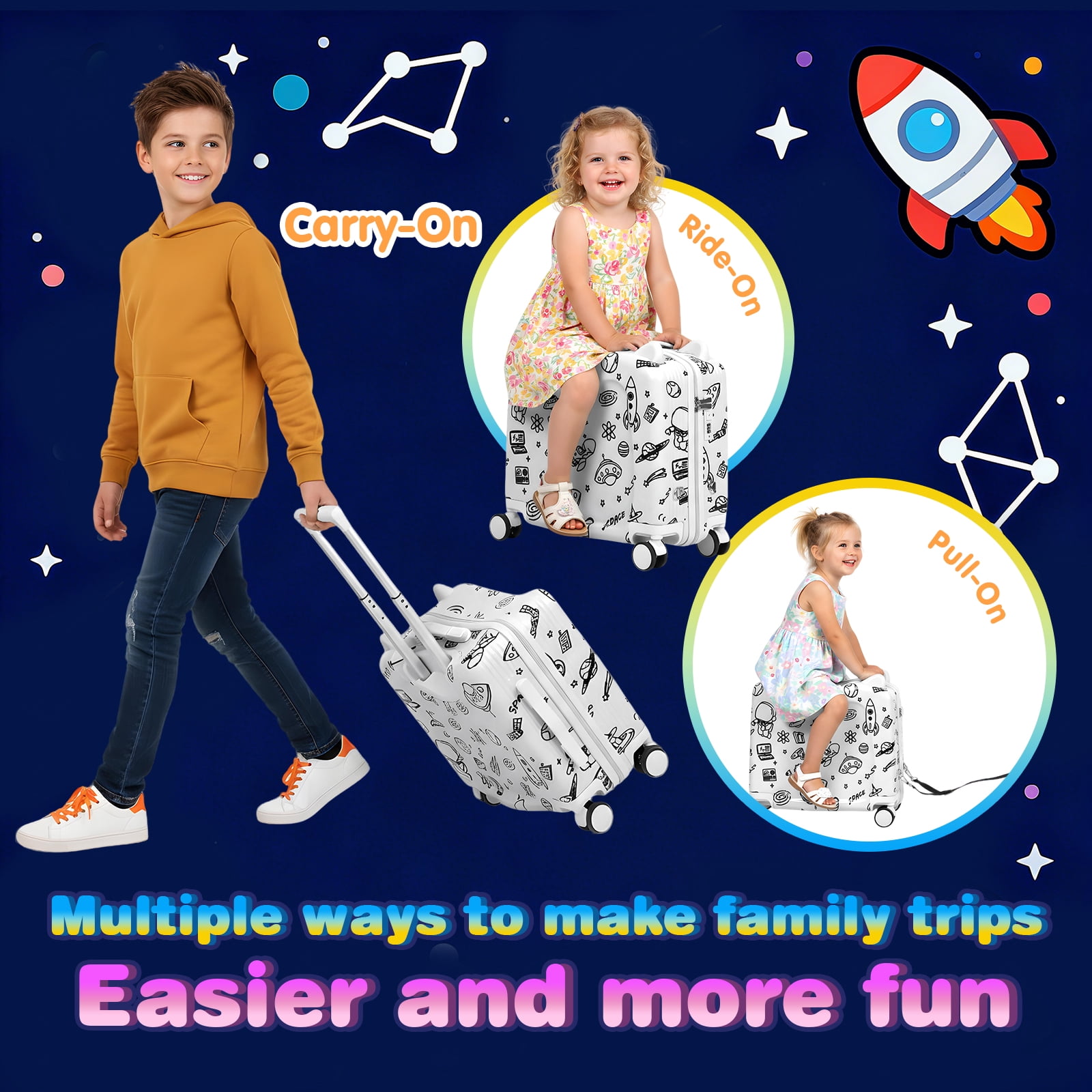Advwin 20" Ride On Suitcase for Kids, Fun DIY Coloring Carry-On Luggage with 24 Waterproof Markers, Pull Strap & Spinner Wheels, Hardshell Rideable Travel Luggage for Children, White