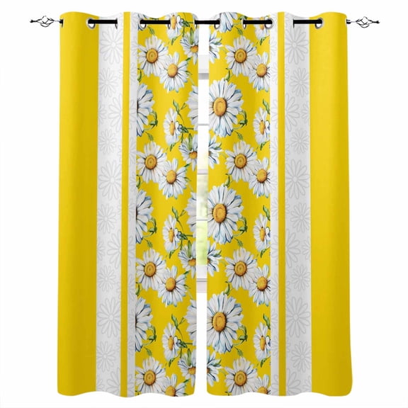 Fsddascl Yellow Daisy Blackout Curtains for Bedroom/Living Room, Thermal Insulated Kitchen Curtains, Farmhouse Floral Yellow Striped Grommet Darkening Window Treatment Drapes 52"x63"x2