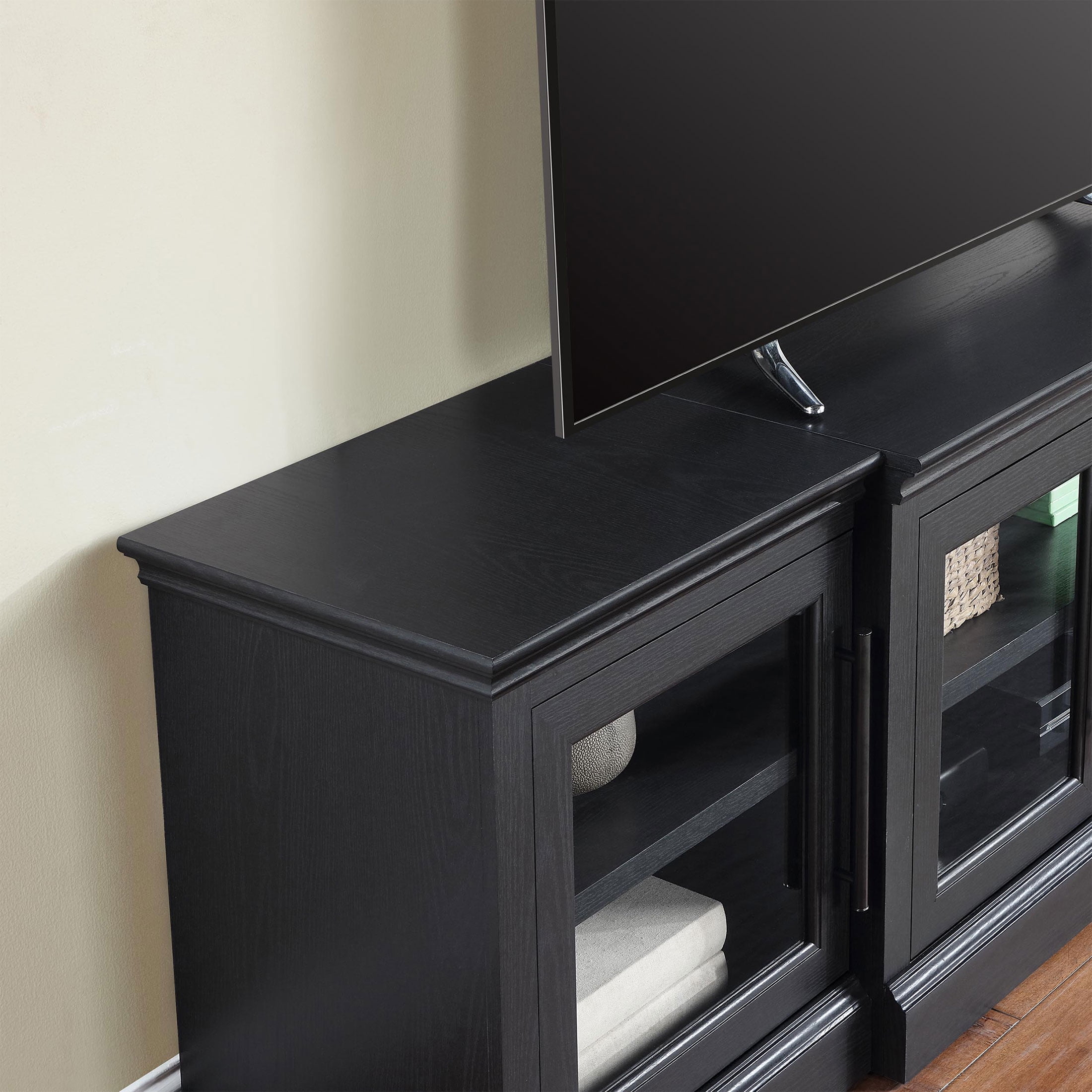 Whalen Rowan Low Profile TV Stand for TVs up to 85", Black Oak Finish