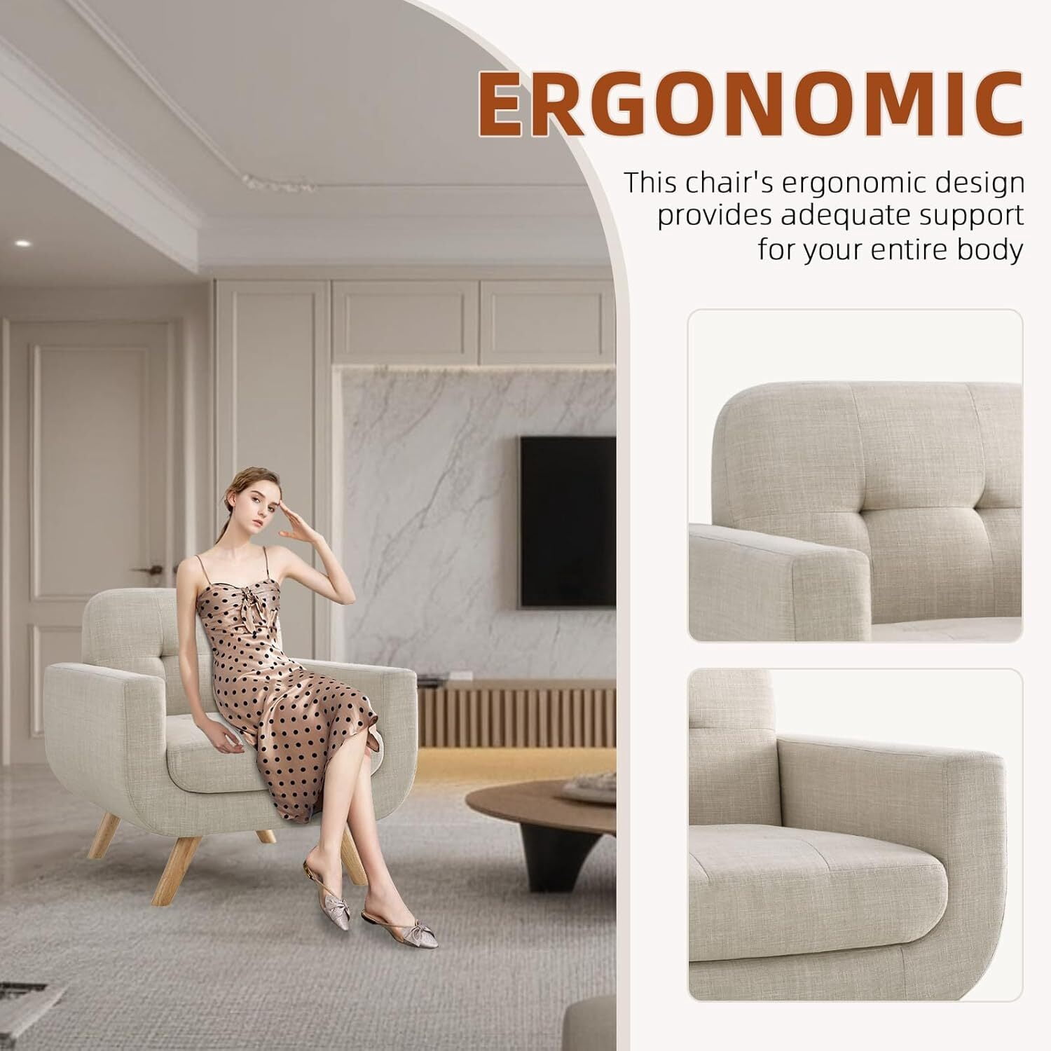 Modern Accent Chair with Linen Fabric, Soft Ergonomic Upholstered Armchair Comfy Single Sofa Lounge Chair for Living Room, Apartment, Office,Beige