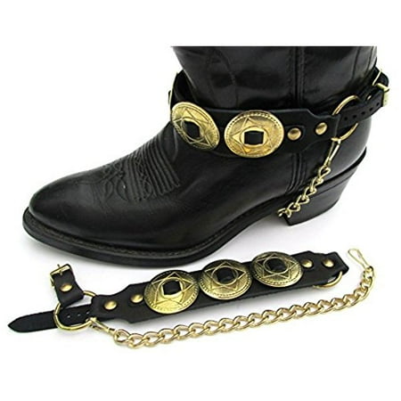 - Western Boots Boot Chains Black Topgrain Cowhide Leather W Big Gold Star Conchos