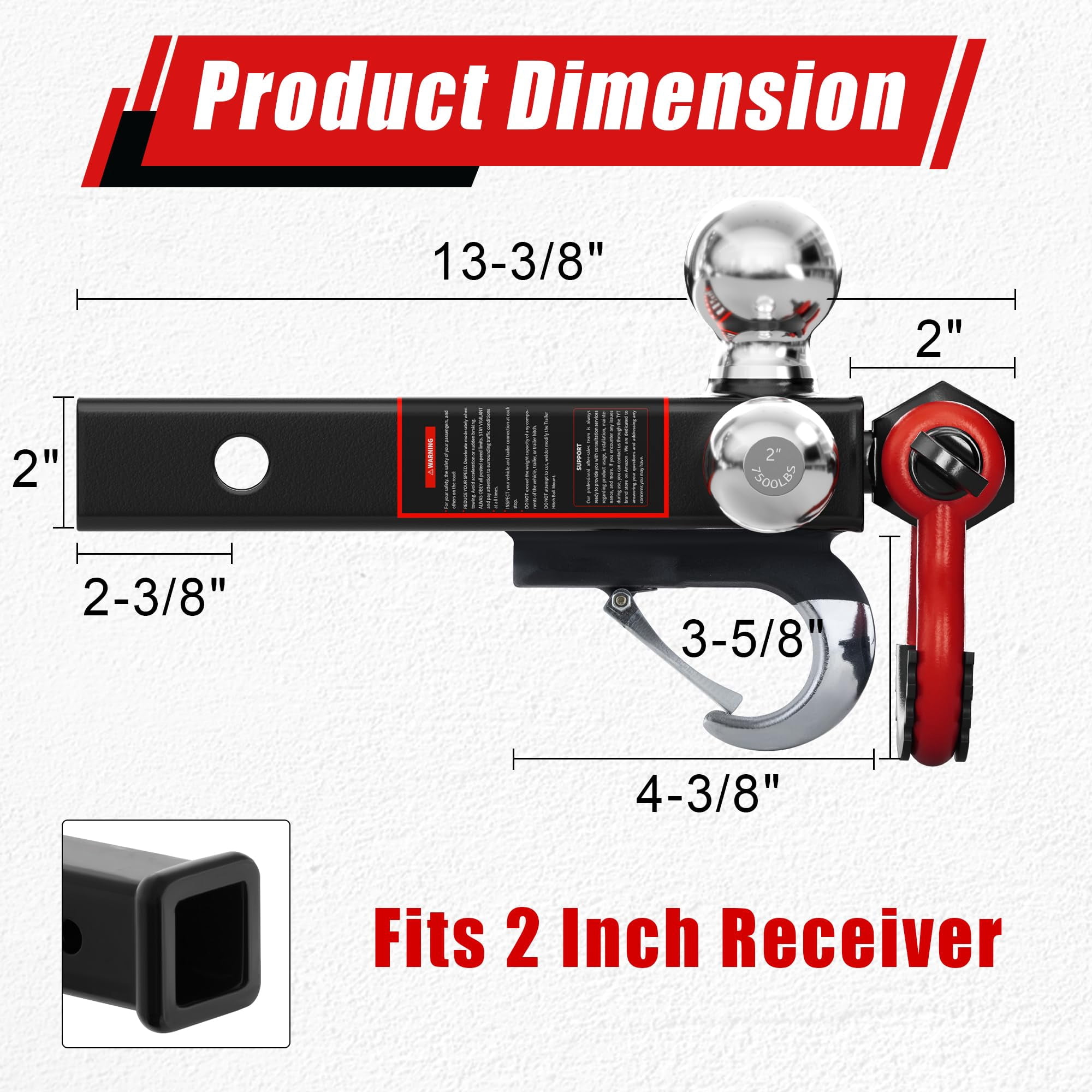 TYT Three-Ball Trailer Hitch Mount with Lock, 2-5/16", 2", 1-7/8" Balls for 2" Receiver, 10,000 lbs