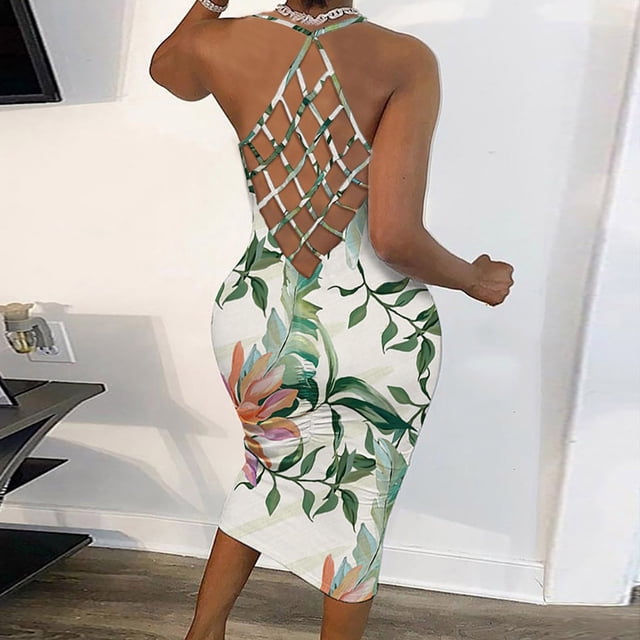 SMihono Robe Maxi Bohème d'Été pour Femmes Grande Taille Mode Imprimé Couleur Dos Nu Résille Col Rond Robe Longue Sexy Robe de Plage